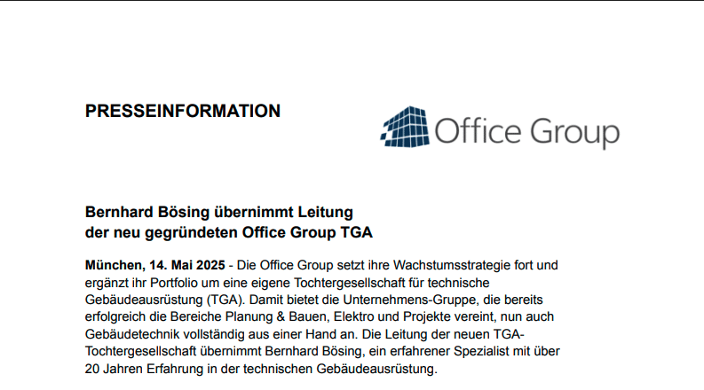 Bernhard Bösing übernimmt Leitung der neu gegründeten Office Group TGA